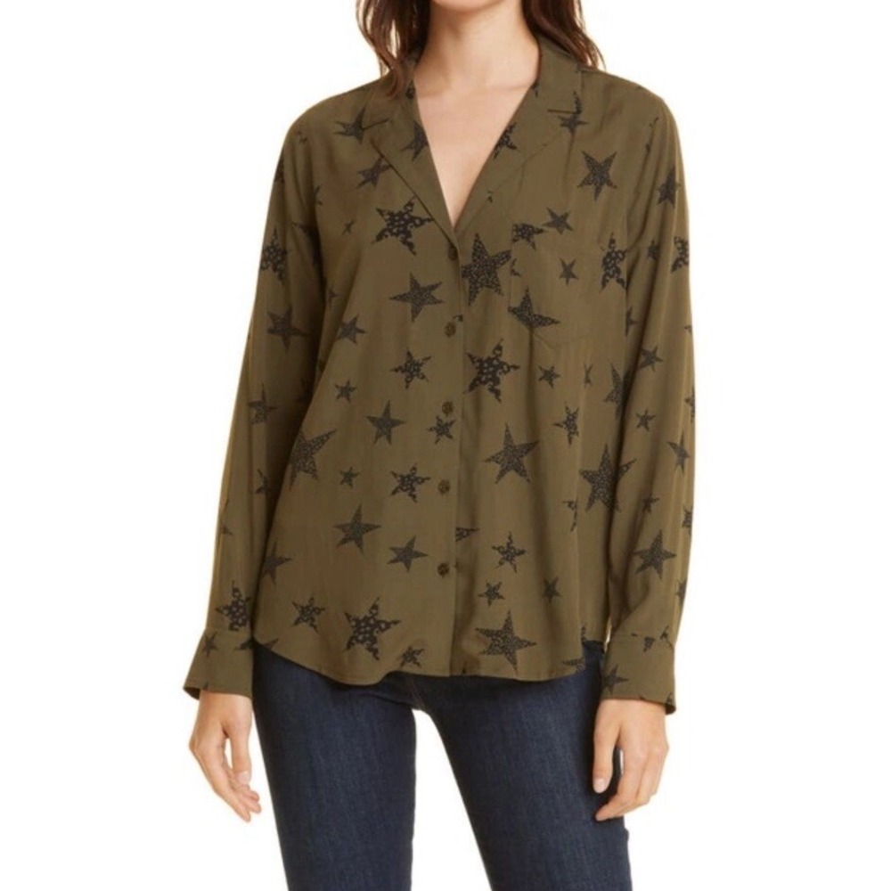 Rails Rebel Button Down Women S Olive Green Cheetah Star Print Long Sleeve Shirt